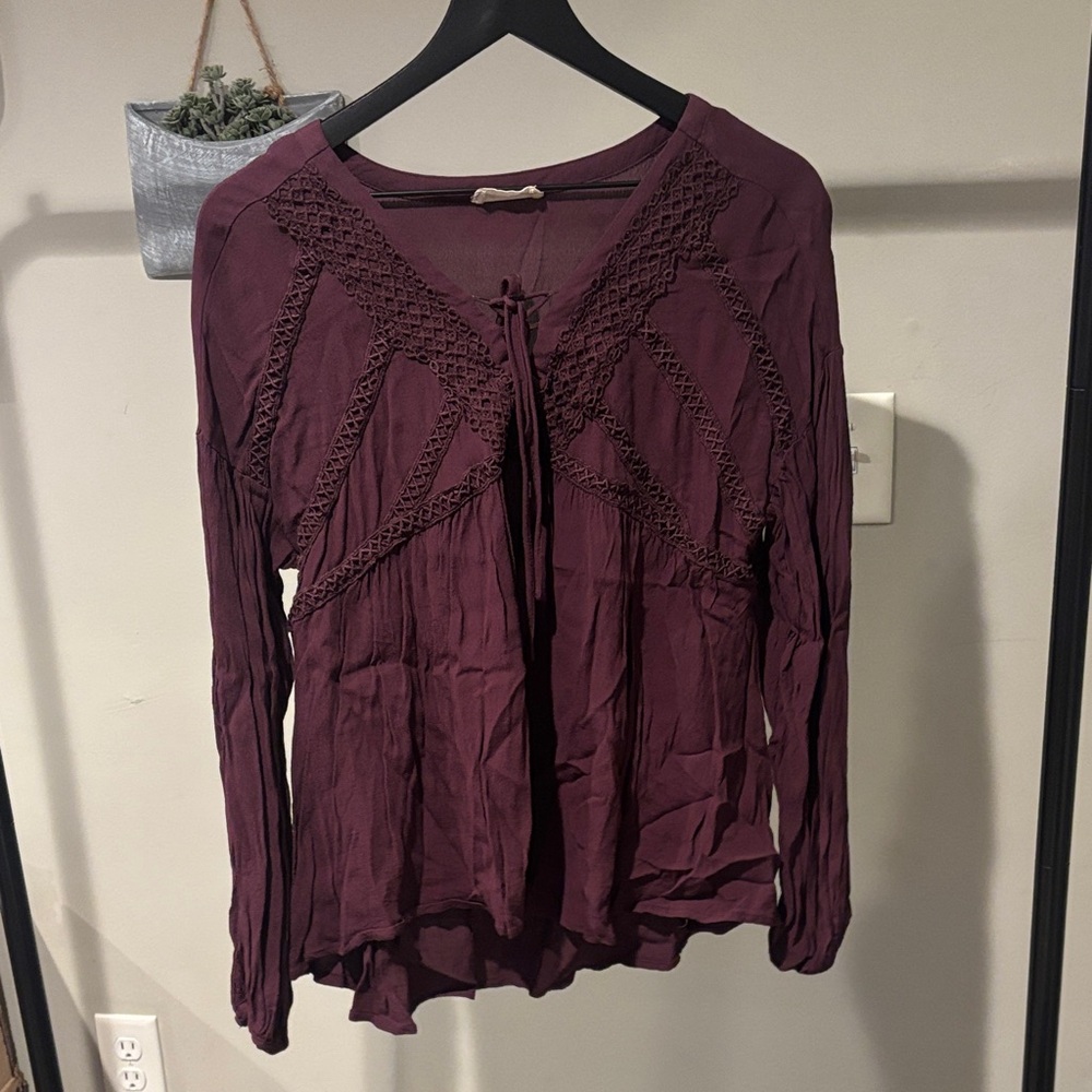Altar'd State Plum Lace-Trim Long Sleeve Blouse